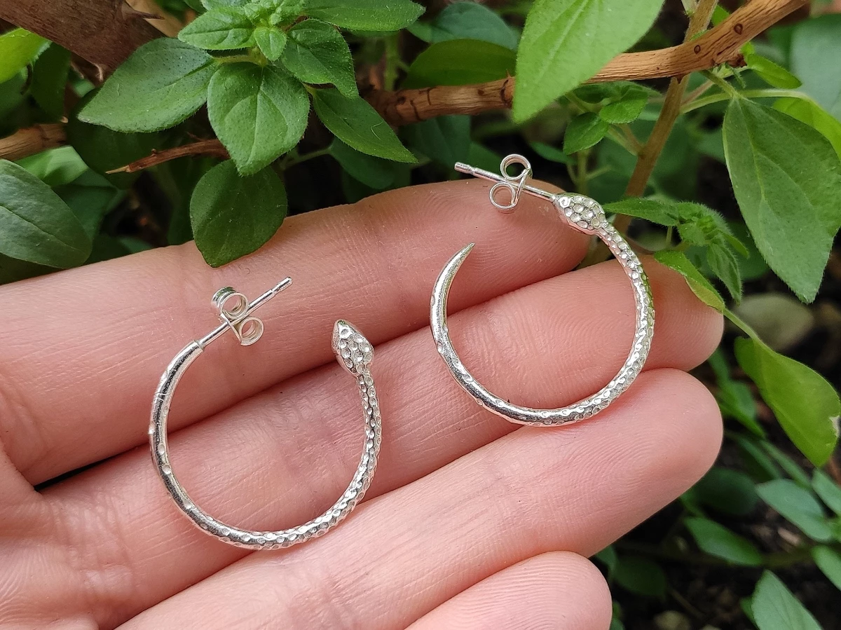 Silver snake hoop earrings, minimalist goth jewelry, tiny snake earrings, ouroboros hoops, alternative gift,  good luck charm for women