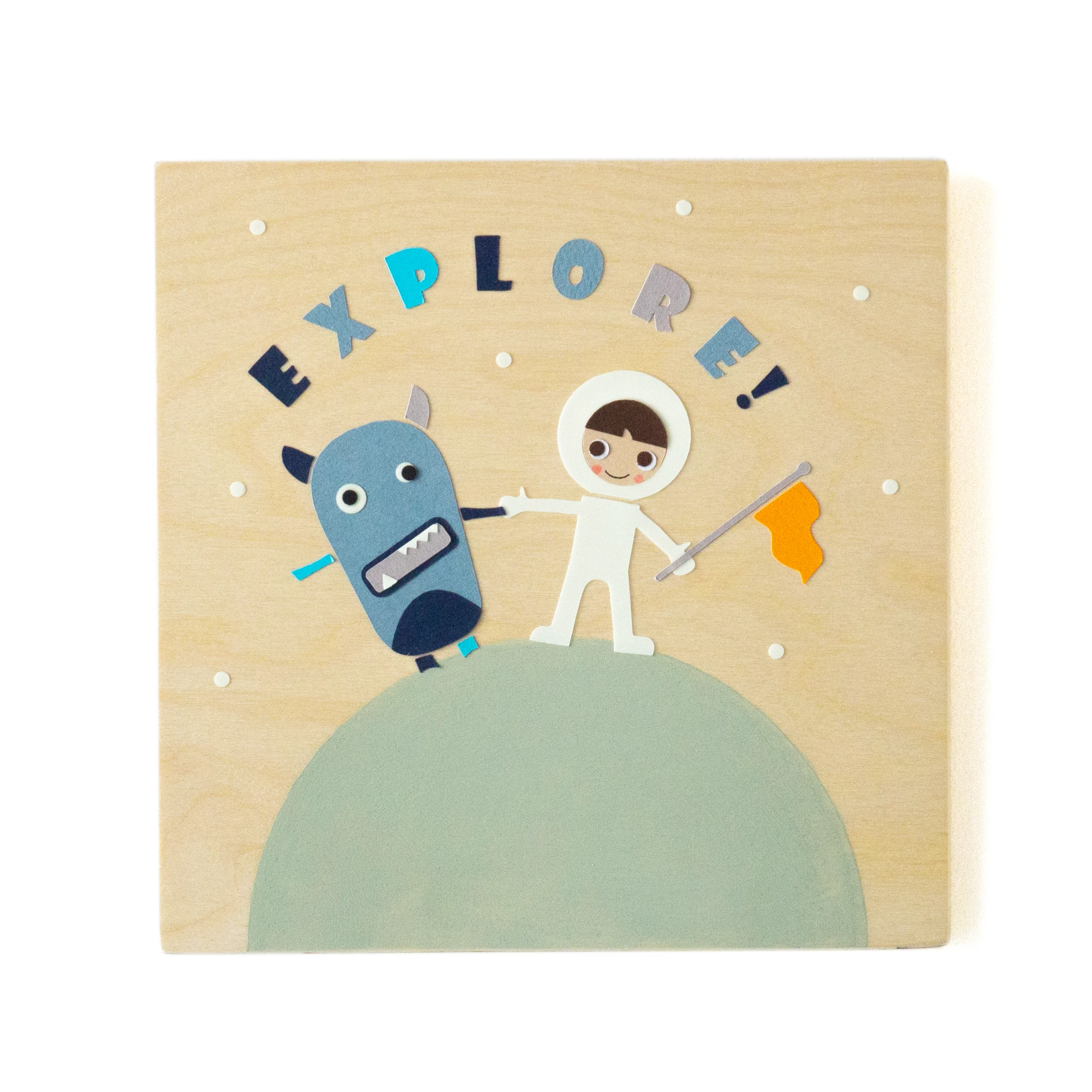 "explore", παιδικός πίνακας με θέμα το διάστημα