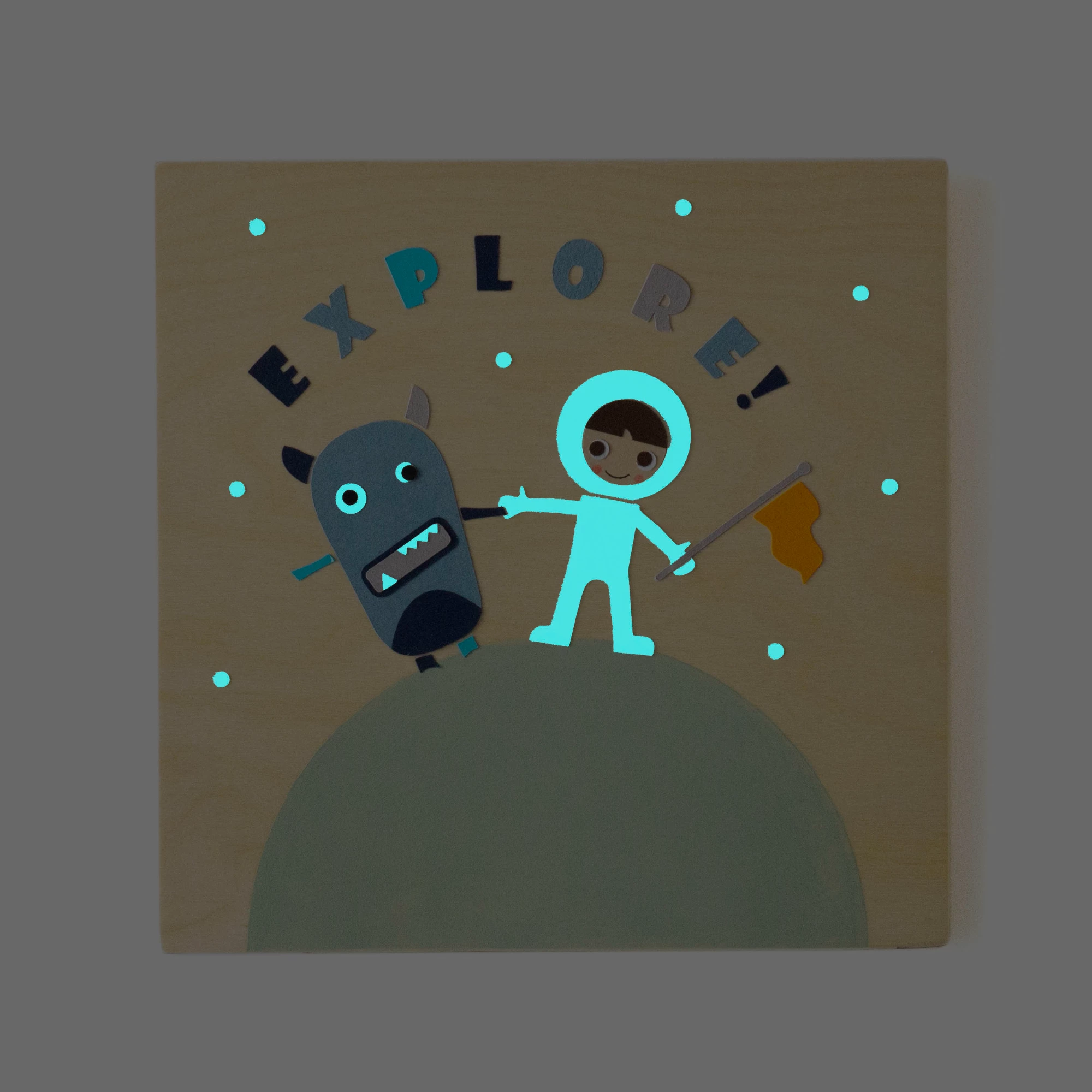 "explore", παιδικός πίνακας με θέμα το διάστημα