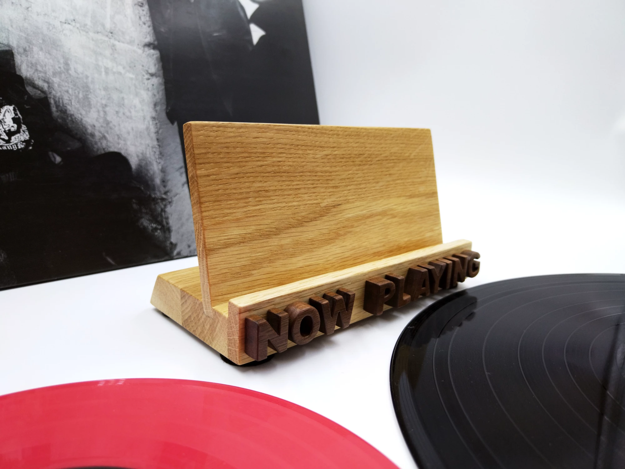 Oak & walnut NOW PLAYING vinyl record display stand