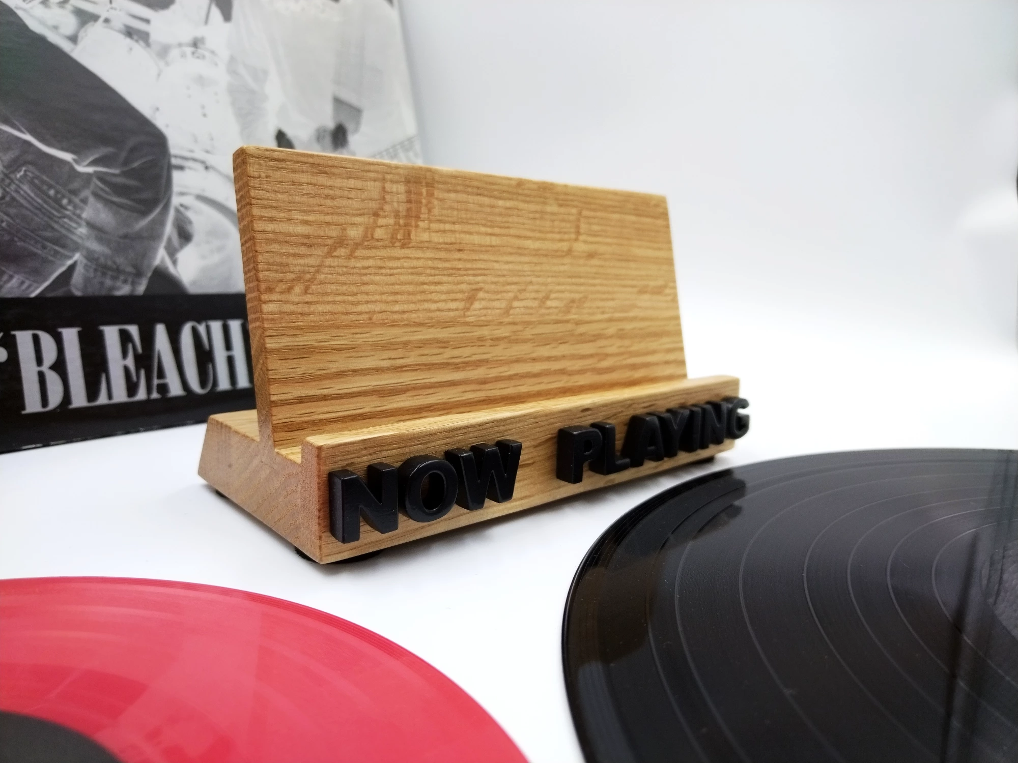 Oak NOW PLAYING vinyl record display stand