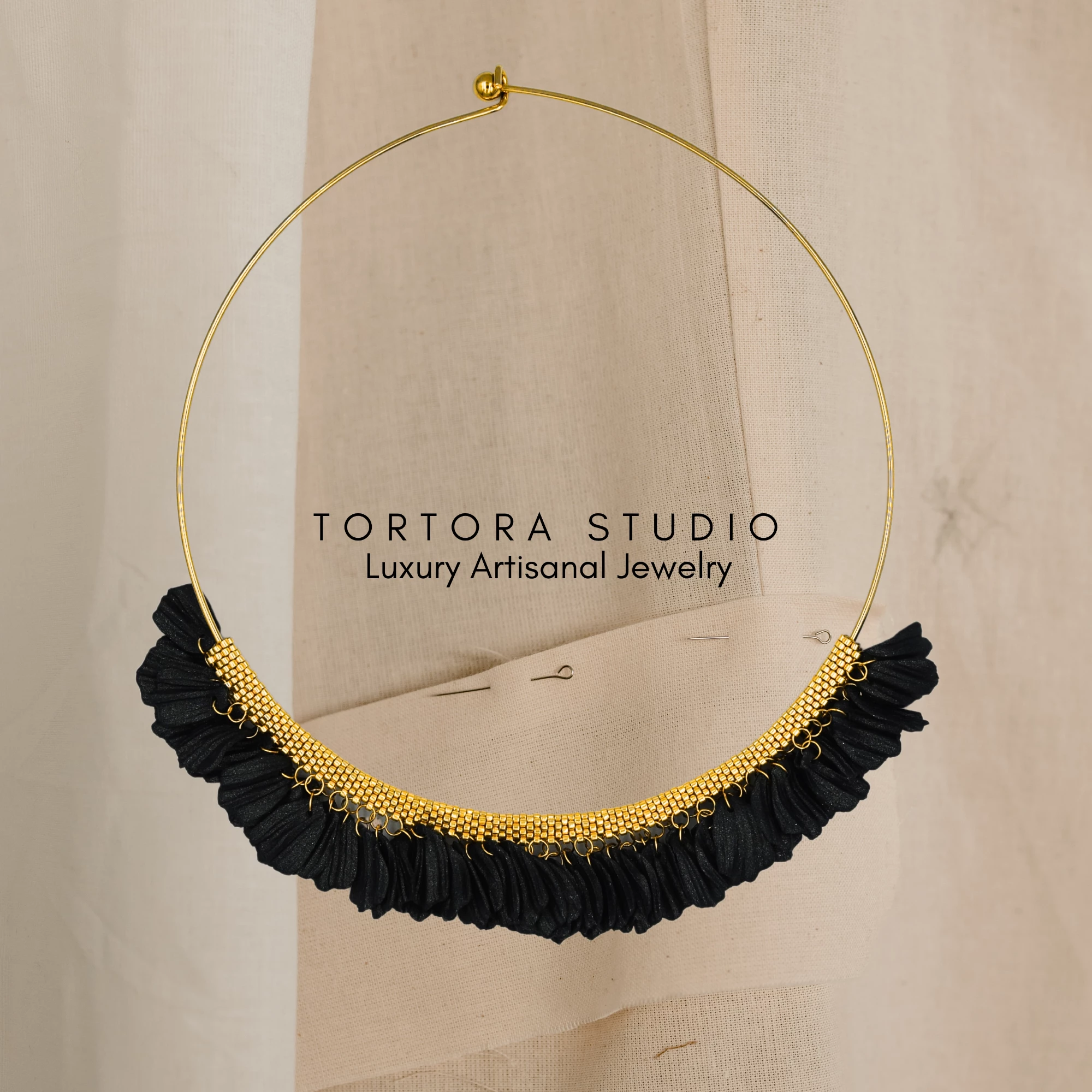 Gold Collar Necklace With Black Petals