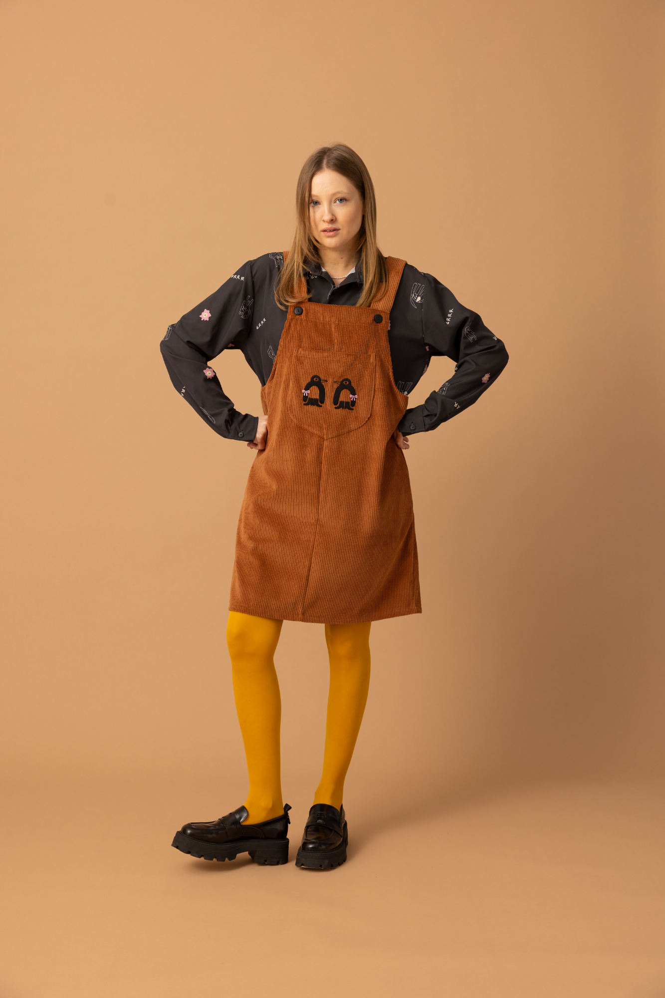 HAPPY MINI OVERALL DRESS- CORDUROY PENGUIN BOW