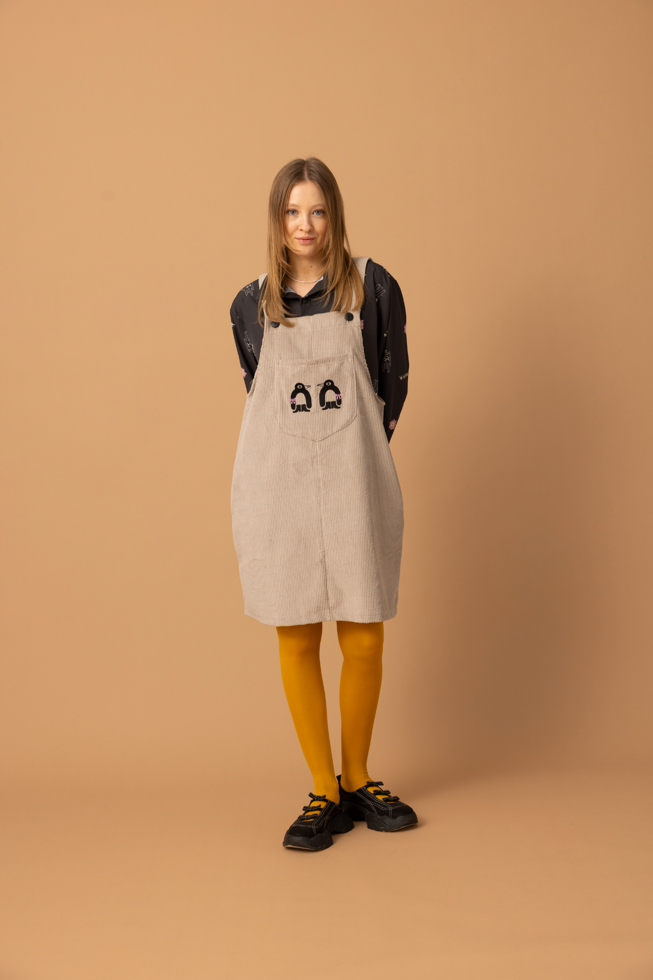 HAPPY MINI OVERALL DRESS- CORDUROY PENGUIN BOW