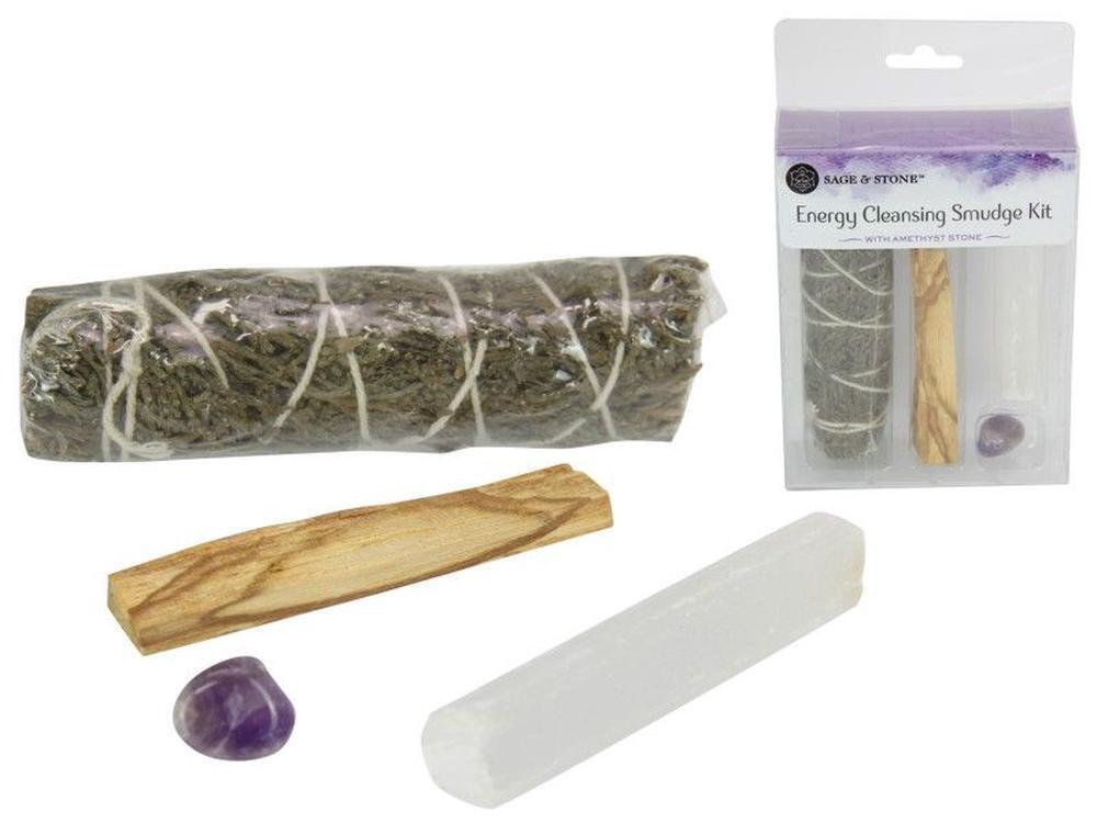 Energy Cleansing Smudge Kit με Palo Santo, Φασκόμηλο, Αμέθυστο & Σεληνίτη