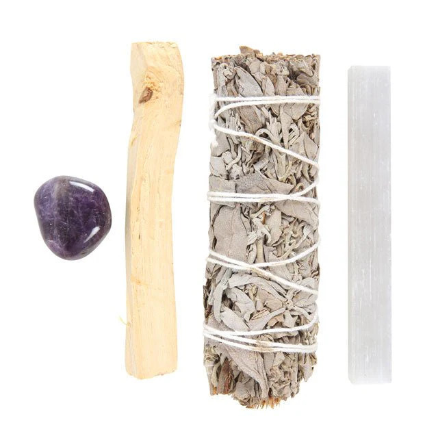 Energy Cleansing Smudge Kit με Palo Santo, Φασκόμηλο, Αμέθυστο & Σεληνίτη