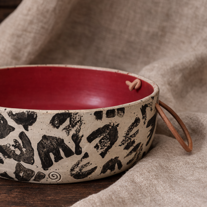 Bird Imprint Collection – Ceramic Fruit Bowl with Leather Handles