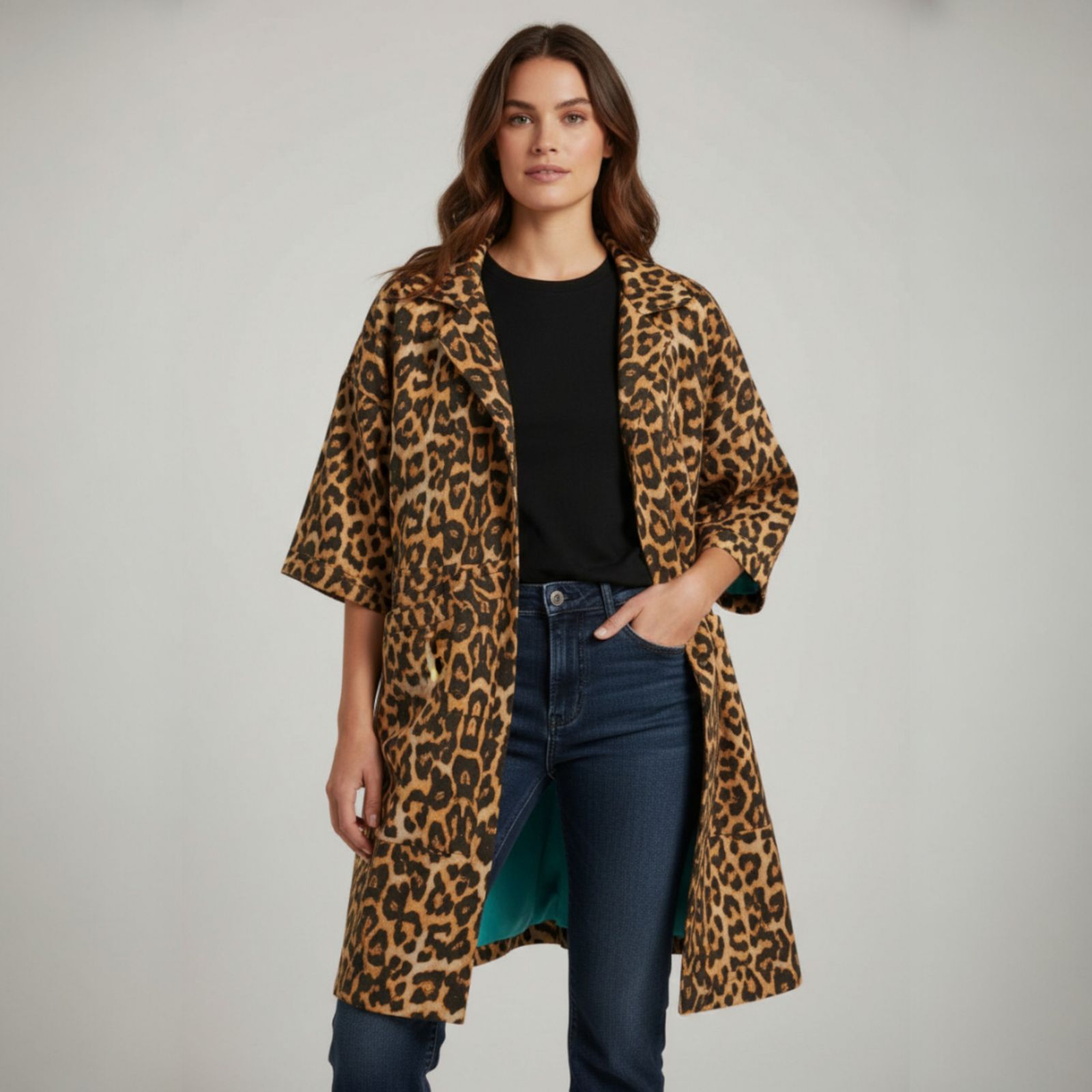 Animal πριντ χειροποιητο παρκά- κιμονό  με μανίκι 3/4 και μεγάλες τσέπες.