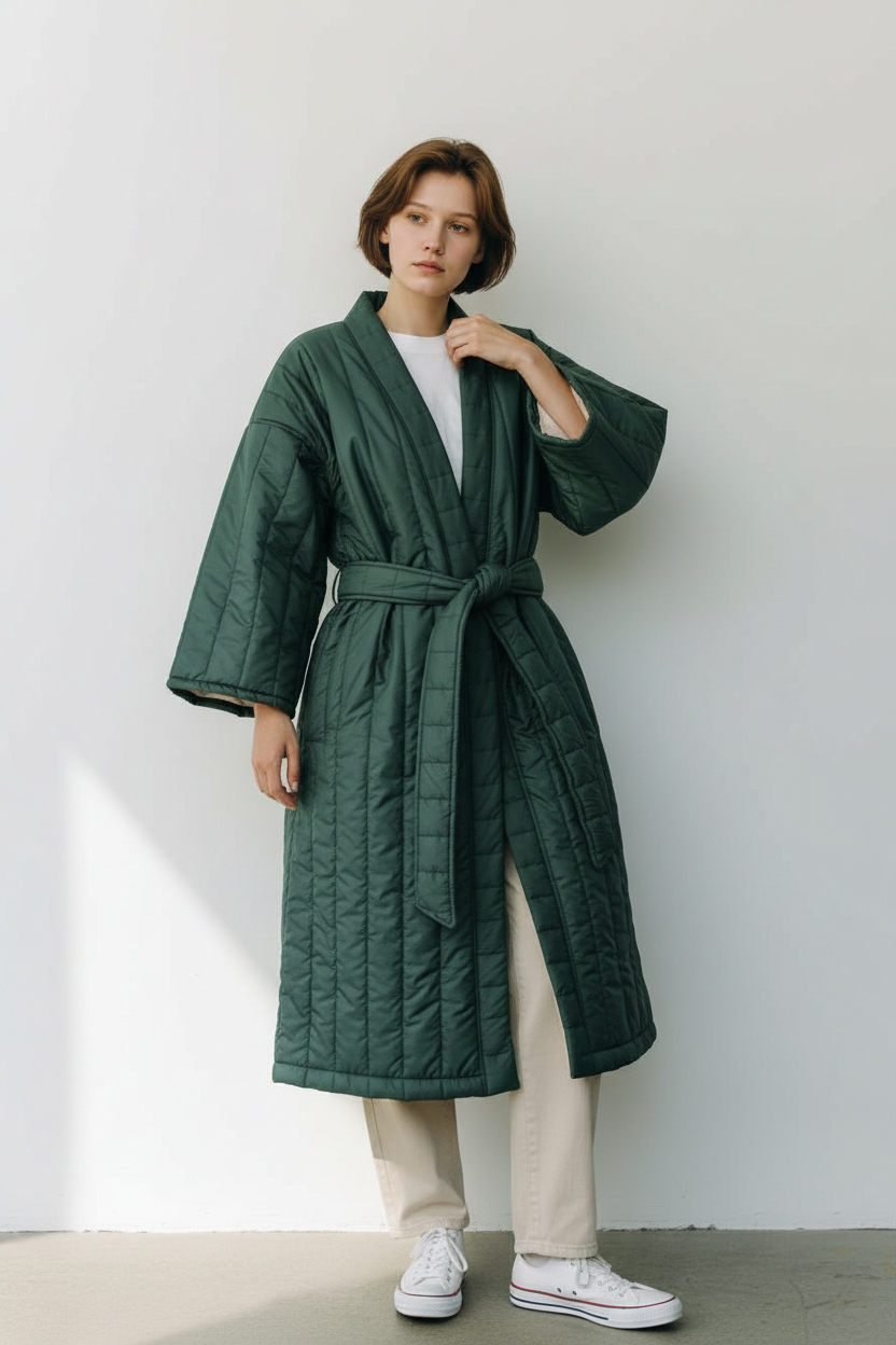 Πράσινο καπιτονέ μίνιμαλ κιμονό με ζώνη.