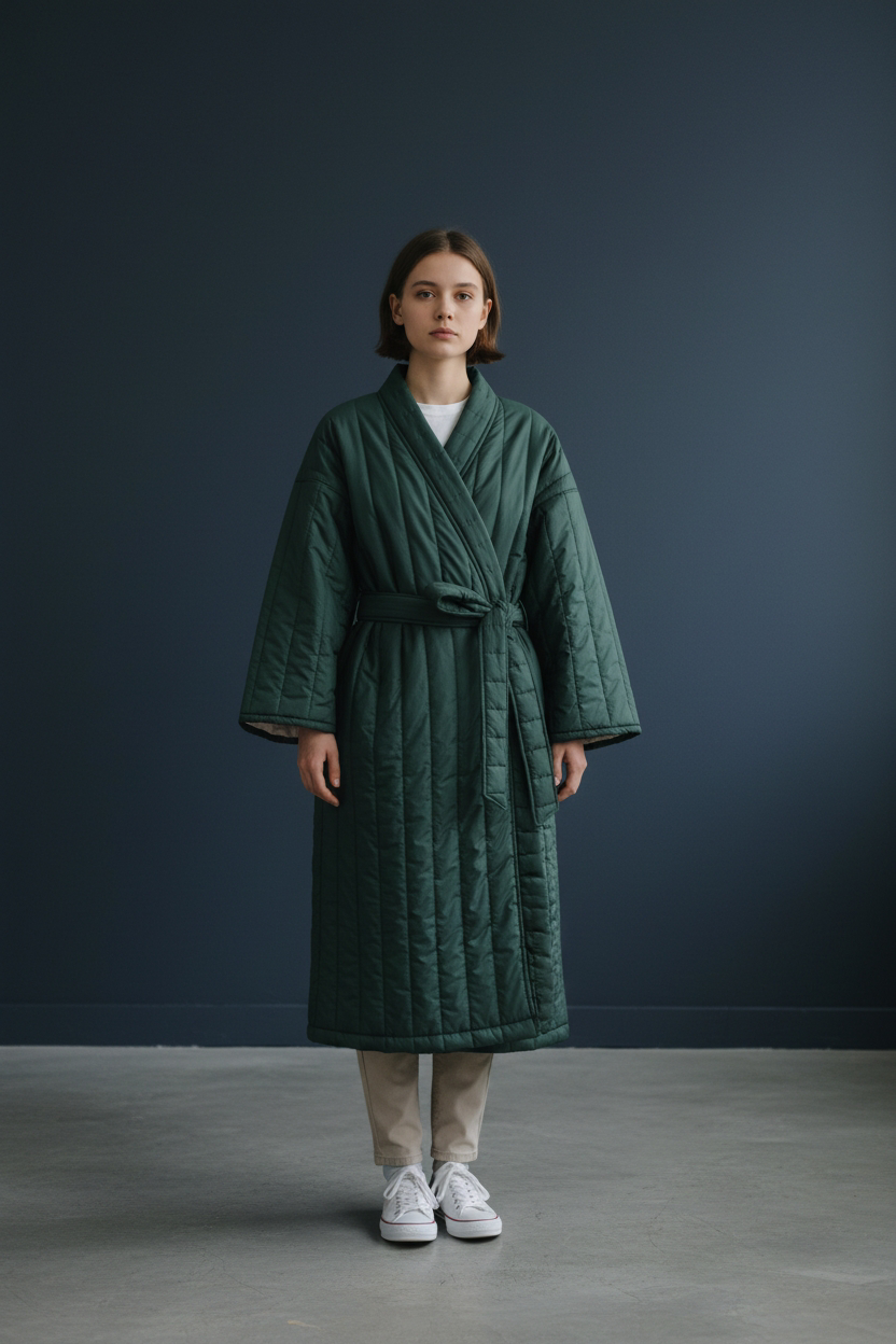 Πράσινο καπιτονέ μίνιμαλ κιμονό με ζώνη.