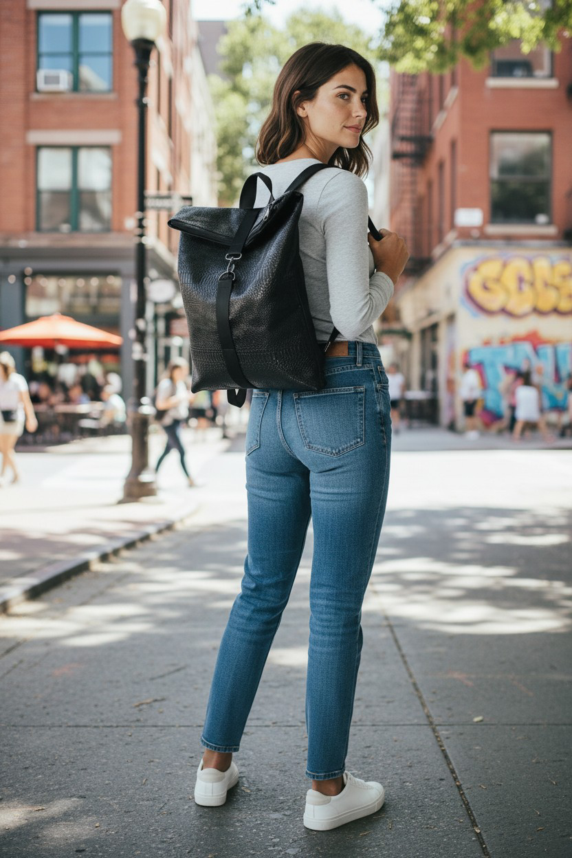 Σακίδιο πλάτης από μαύρη croco δερματίνη.