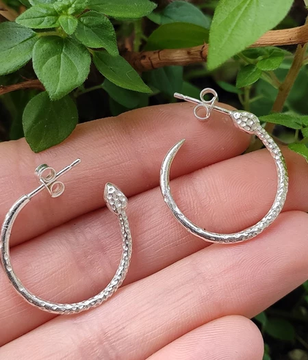 Silver snake hoop earrings, minimalist goth jewelry, tiny snake earrings, ouroboros hoops, alternative gift,  good luck charm for women