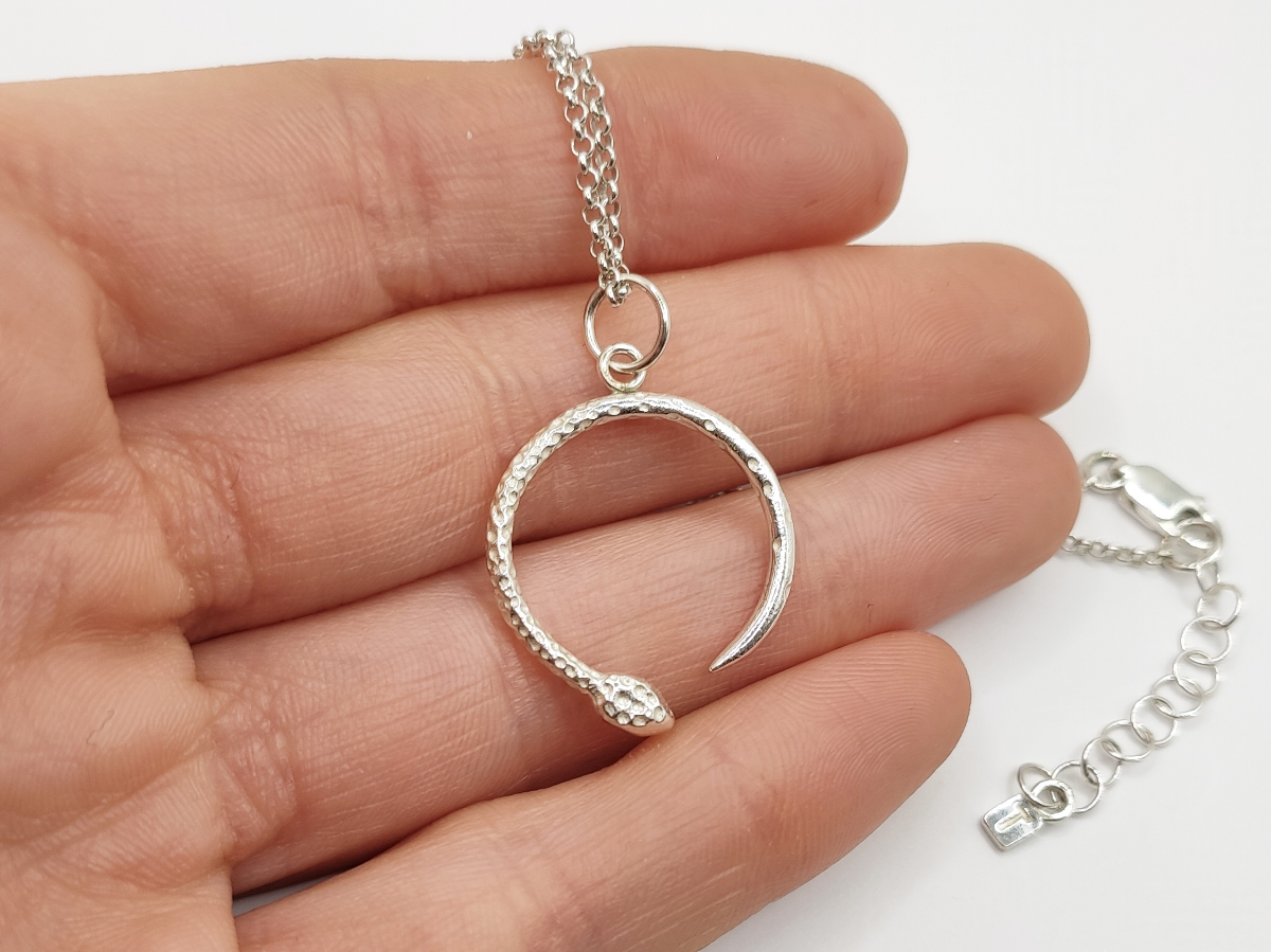 Snake necklace, silver chain snake pendant, minimalist goth jewelry, ouroboros pendant, serpent jewelry, alternative gift for best friend