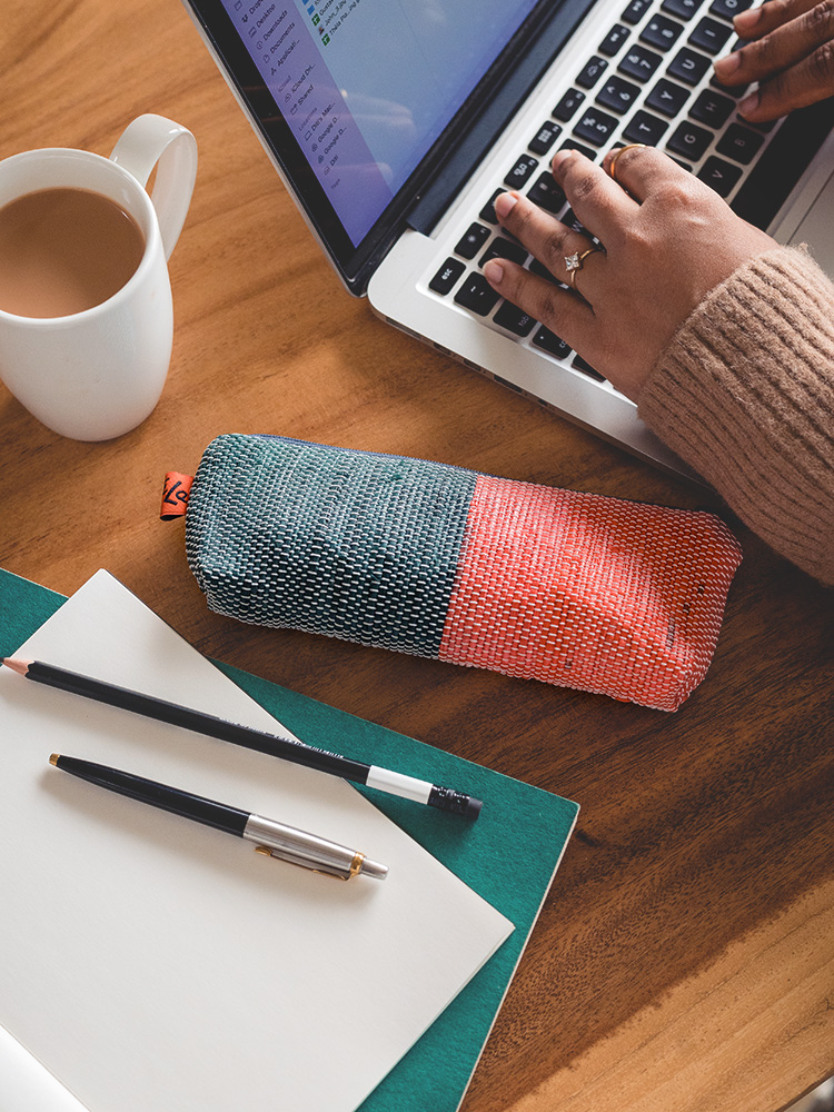 Vegan Colorblocked Accessories Pouch in Red & Blue
