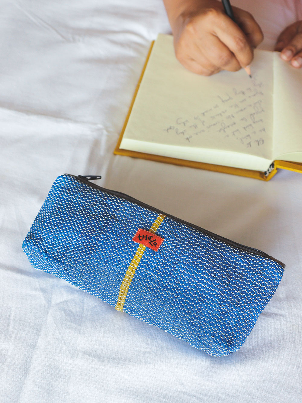 Vegan Accessories Pouch - Blue with Yellow Stripe 