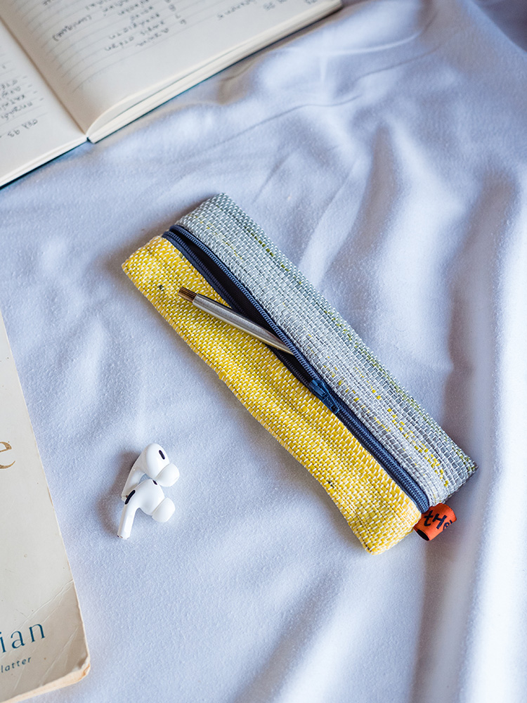 Flat Pencil Case with Central Zip - Yellow & Grey