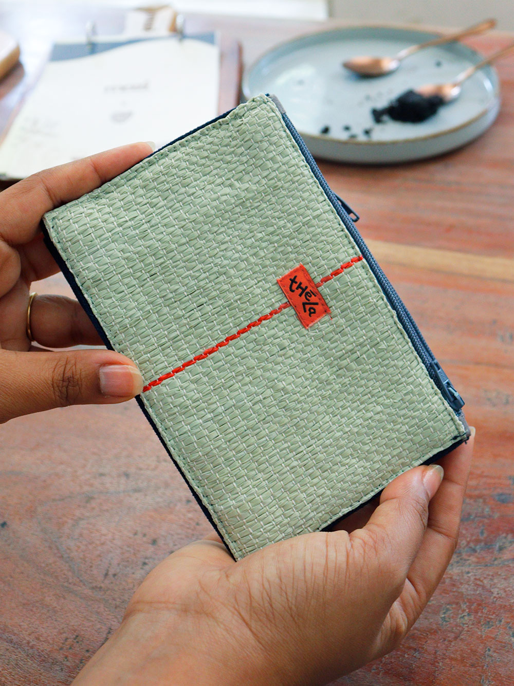 Pastel Green Vegan Wallet with Bright Red Stripe