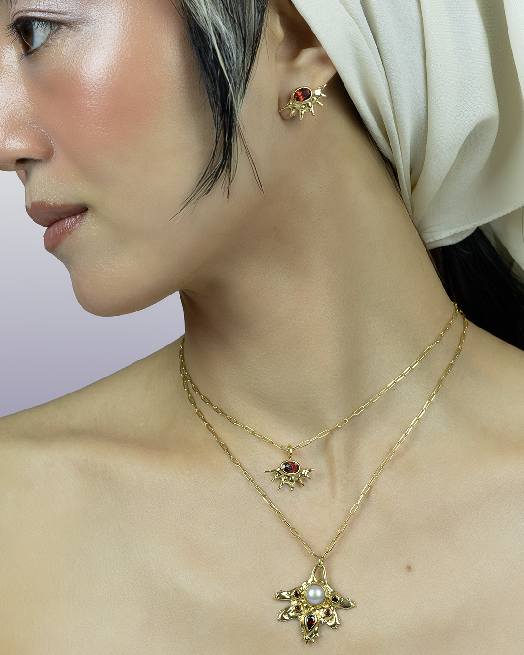 Pink pearl & red garnet pendant necklace