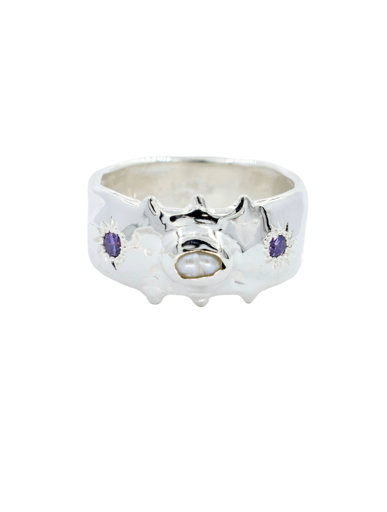 Sterling silver wide band ring with pearl and amethyst