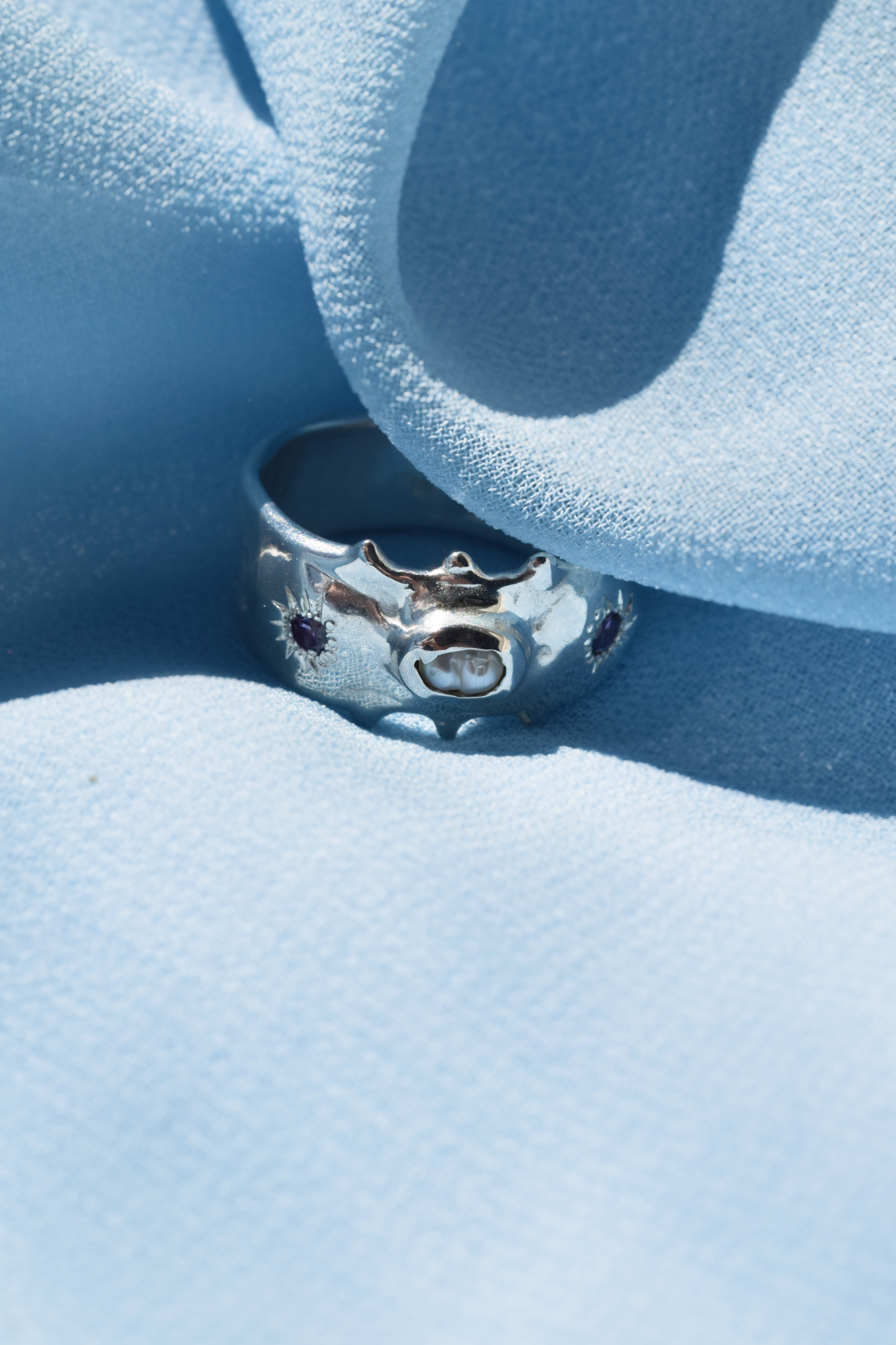 Sterling silver wide band ring with pearl and amethyst