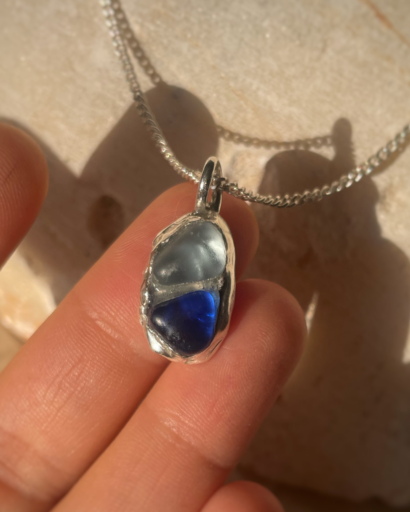 Blue sea glass double pendant