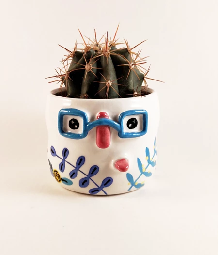 Handmade planter with glasses and tongue out