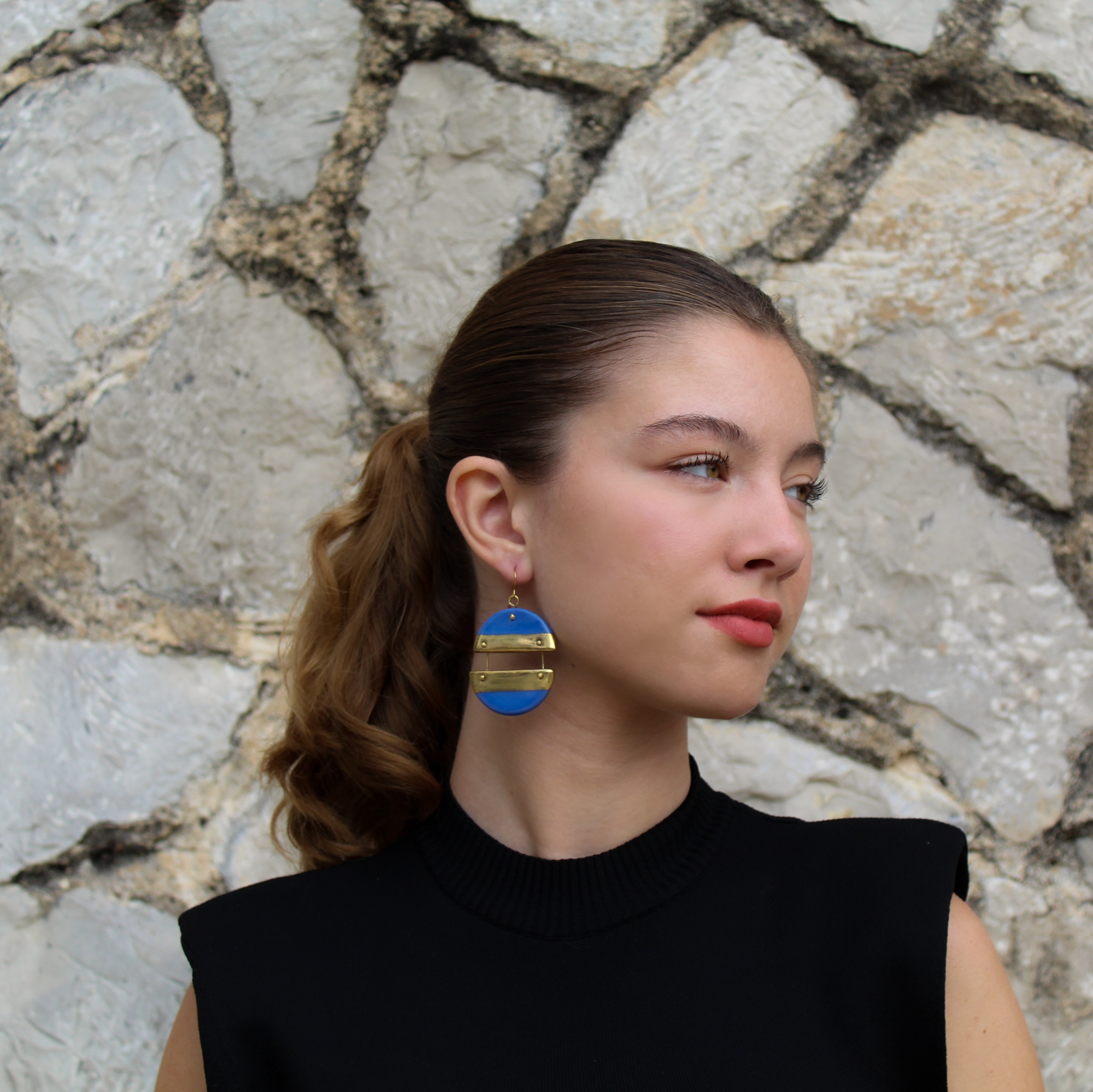 Handmade Drop Dangle Porcelain Earrings in Blue and Gold