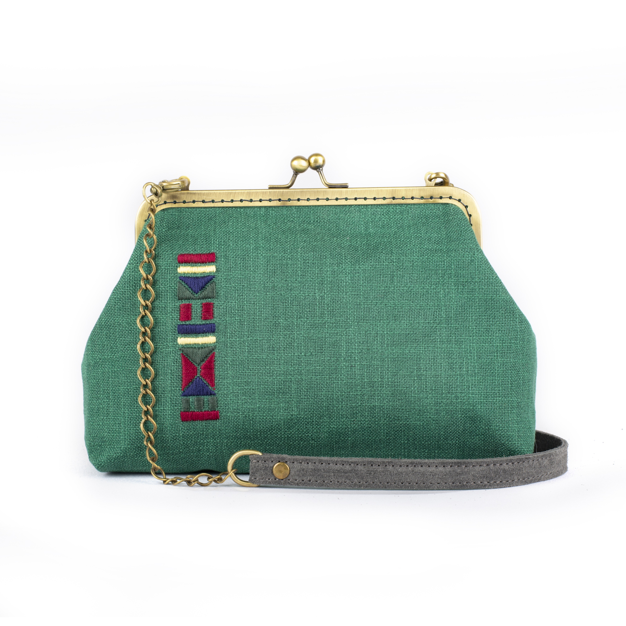 Πράσινη λινή clutch με κέντημα 