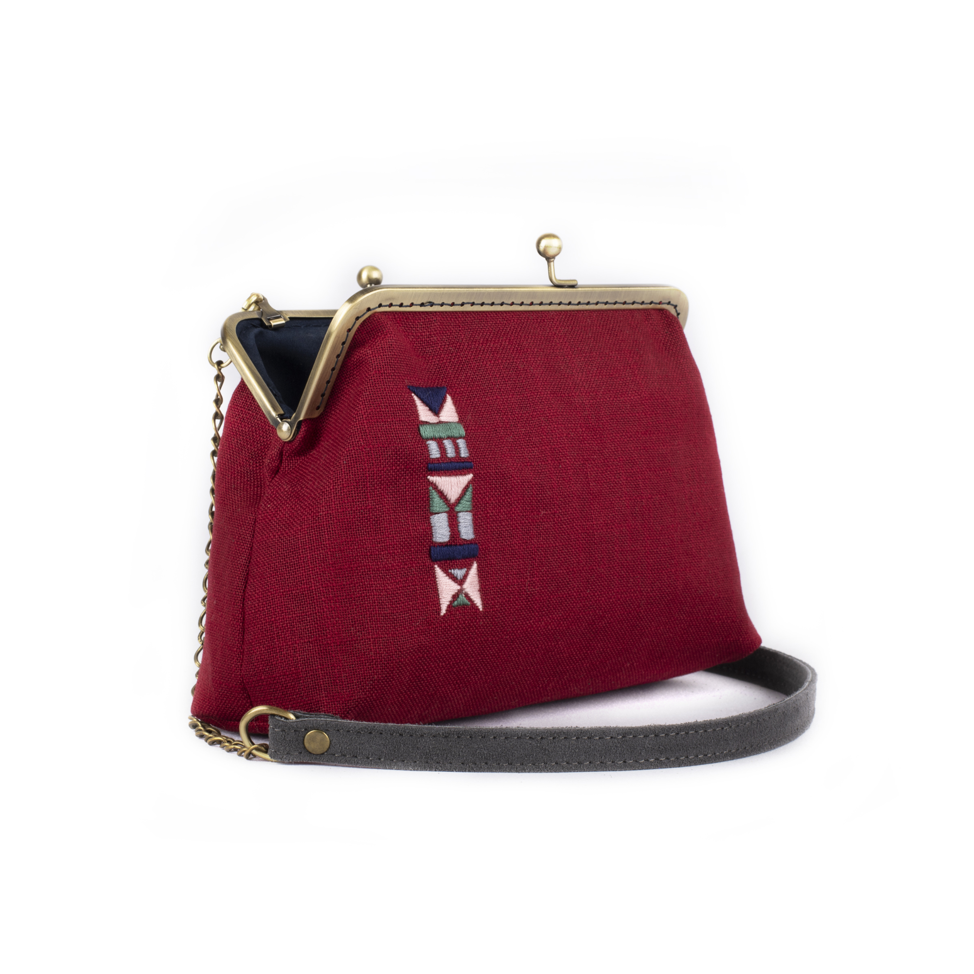 Μπορντώ λινή clutch με κέντημα 