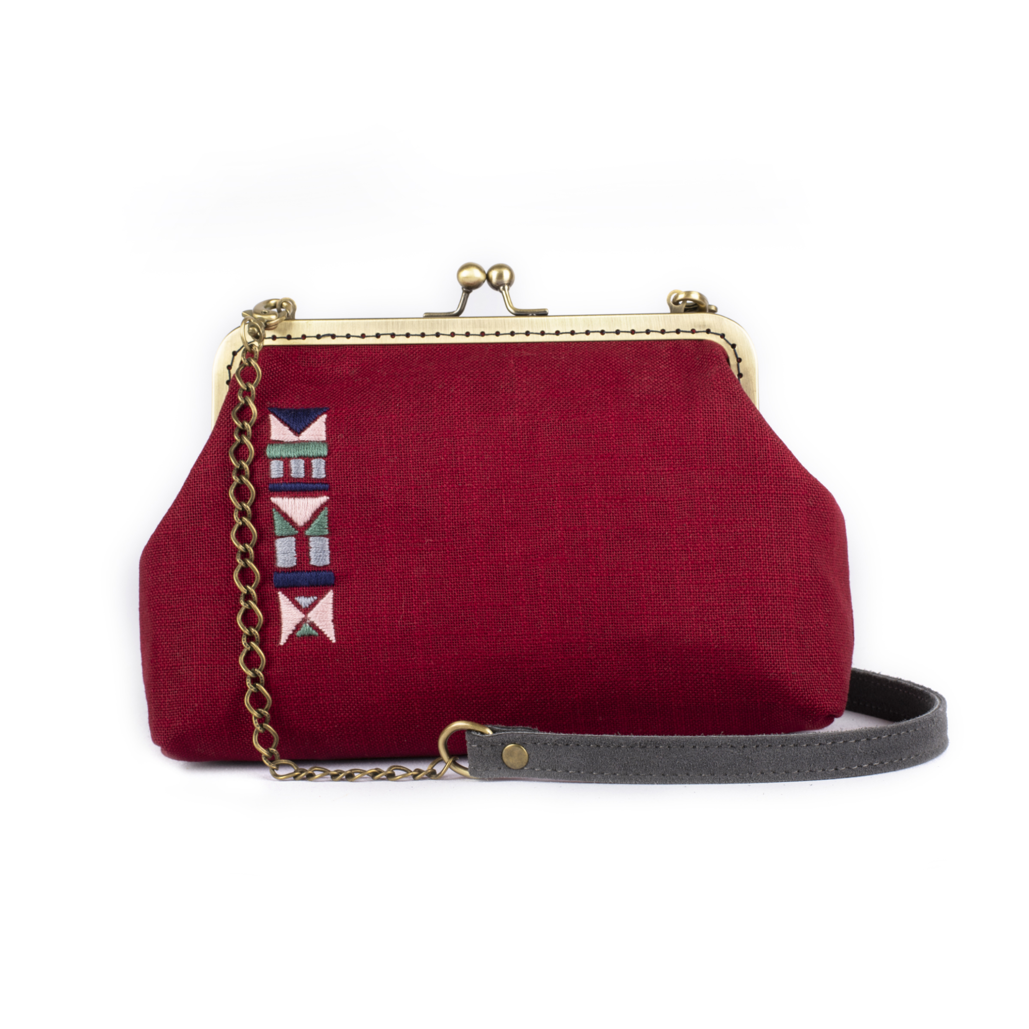 Μπορντώ λινή clutch με κέντημα 