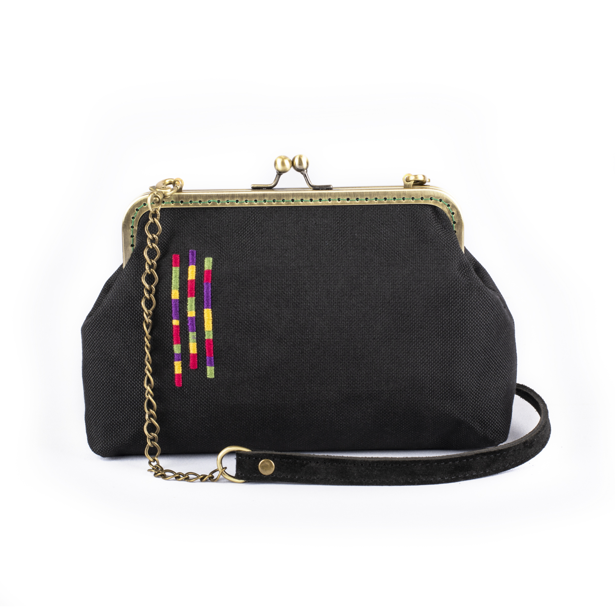 Μαύρη τσάντα χειρός με πολύχρωμο κέντημα 