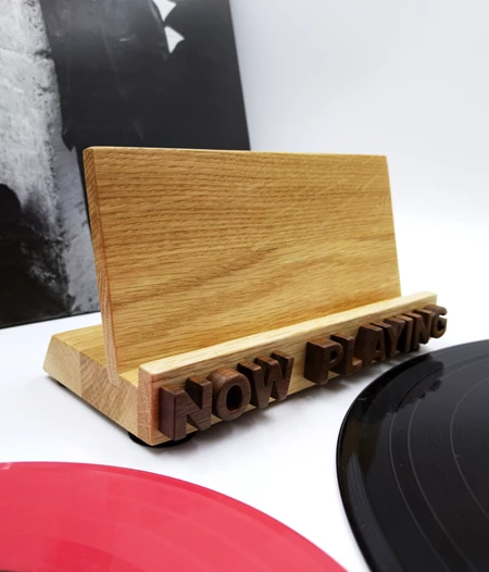 Oak & walnut NOW PLAYING vinyl record display stand