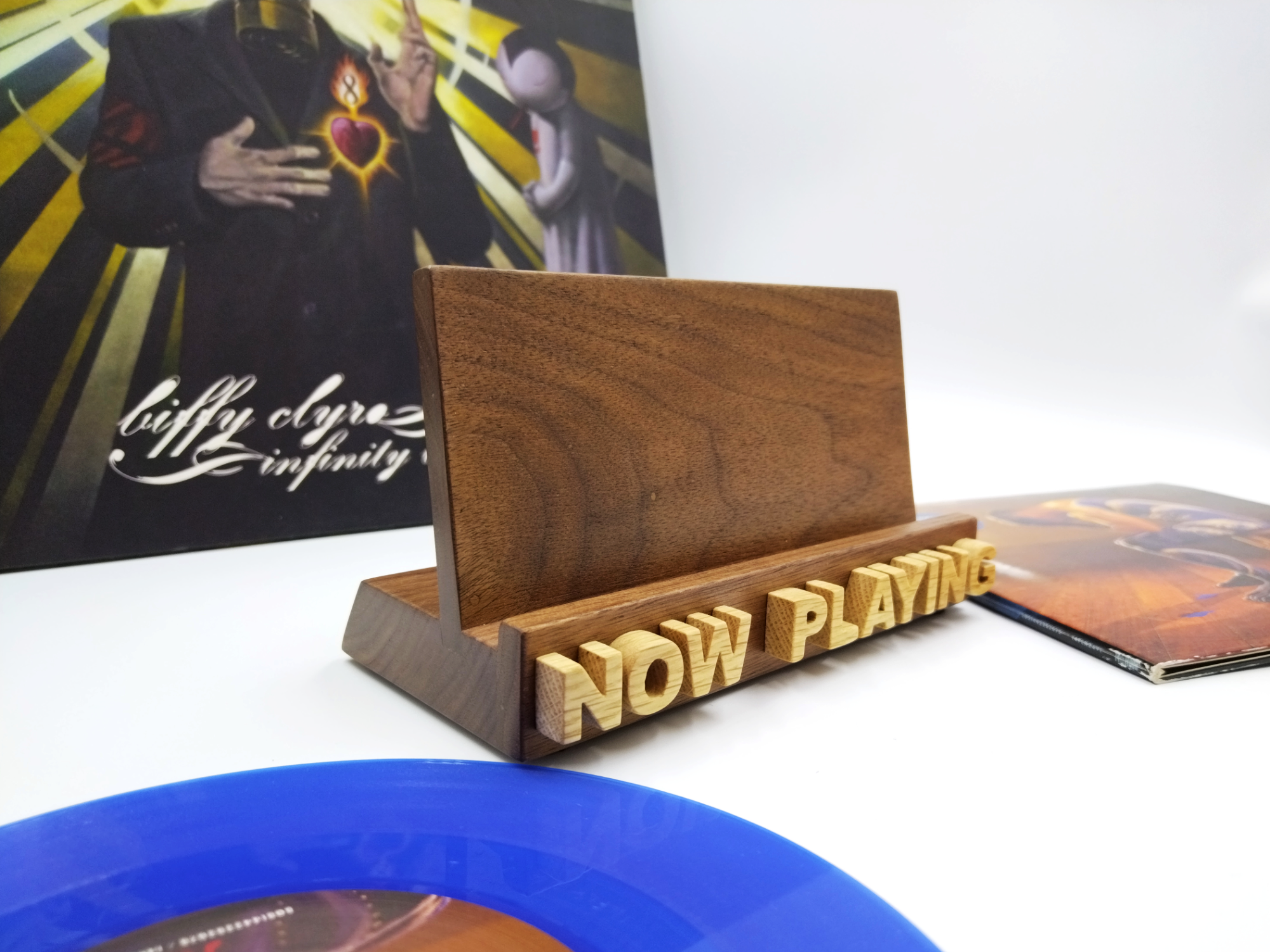 Walnut & oak NOW PLAYING vinyl record display stand