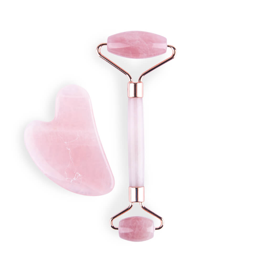 Set για Μασάζ Προσώπου Gua Sha Πέτρα Χαλαζία + Ρολό Anti-Aging Face Roller Rose