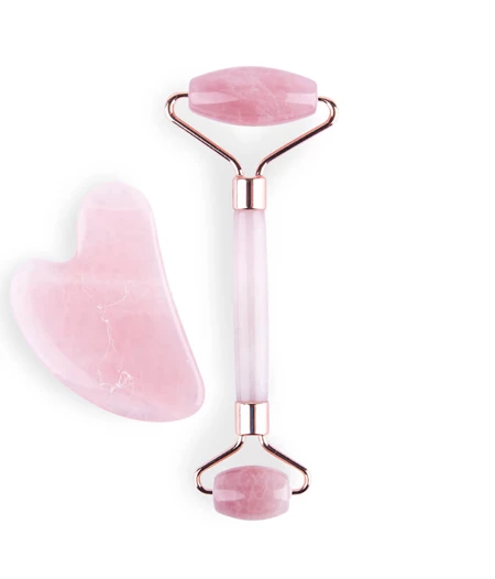 Set για Μασάζ Προσώπου Gua Sha Πέτρα Χαλαζία + Ρολό Anti-Aging Face Roller Rose