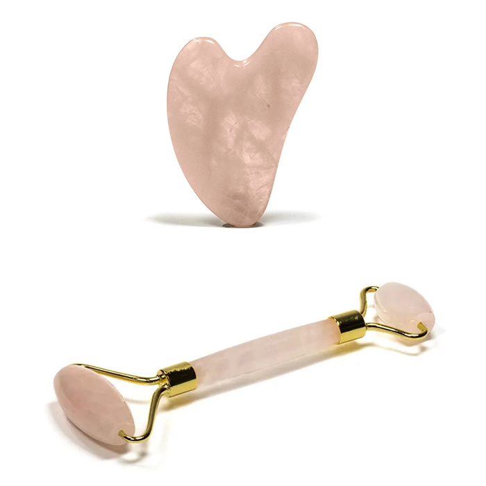 Set για Μασάζ Προσώπου Gua Sha Πέτρα Χαλαζία + Ρολό Anti-Aging Face Roller Rose
