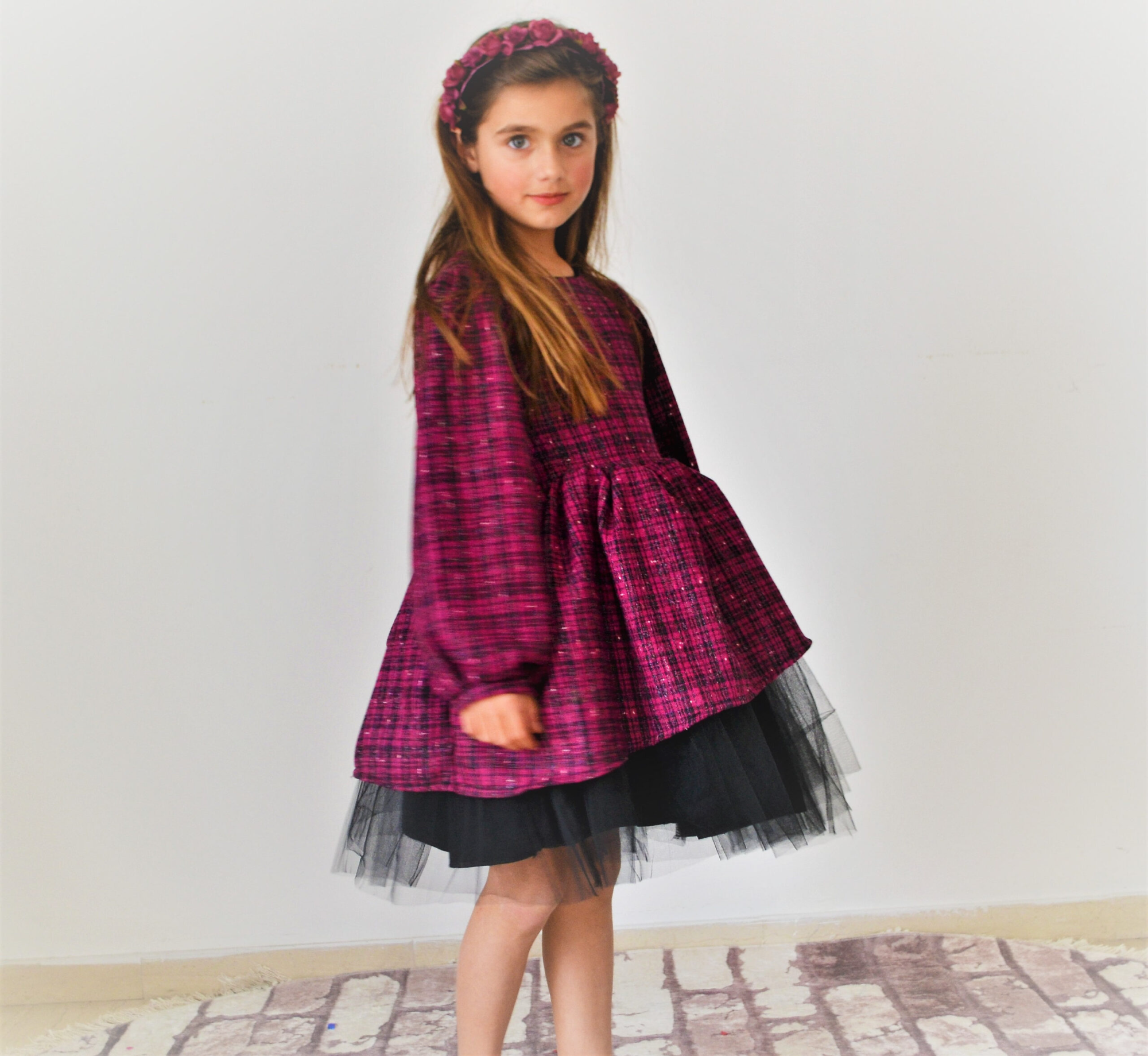 Fuchsia checkered  tulle dress