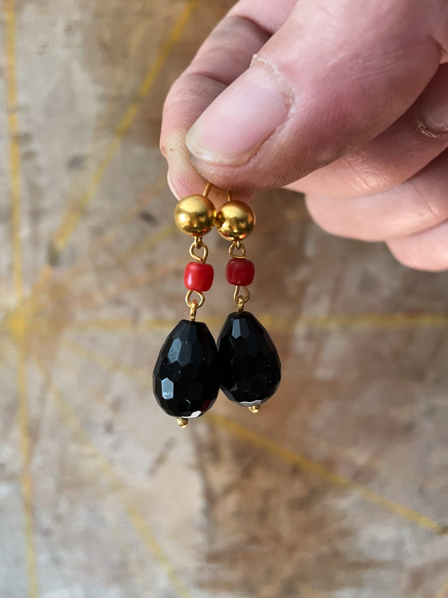 Onyx and Coral Dangle Earrings