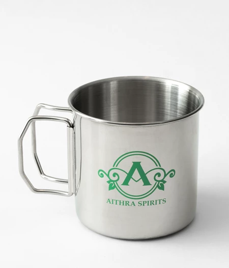 Steel mug Aithra Spirits with foldable handle.