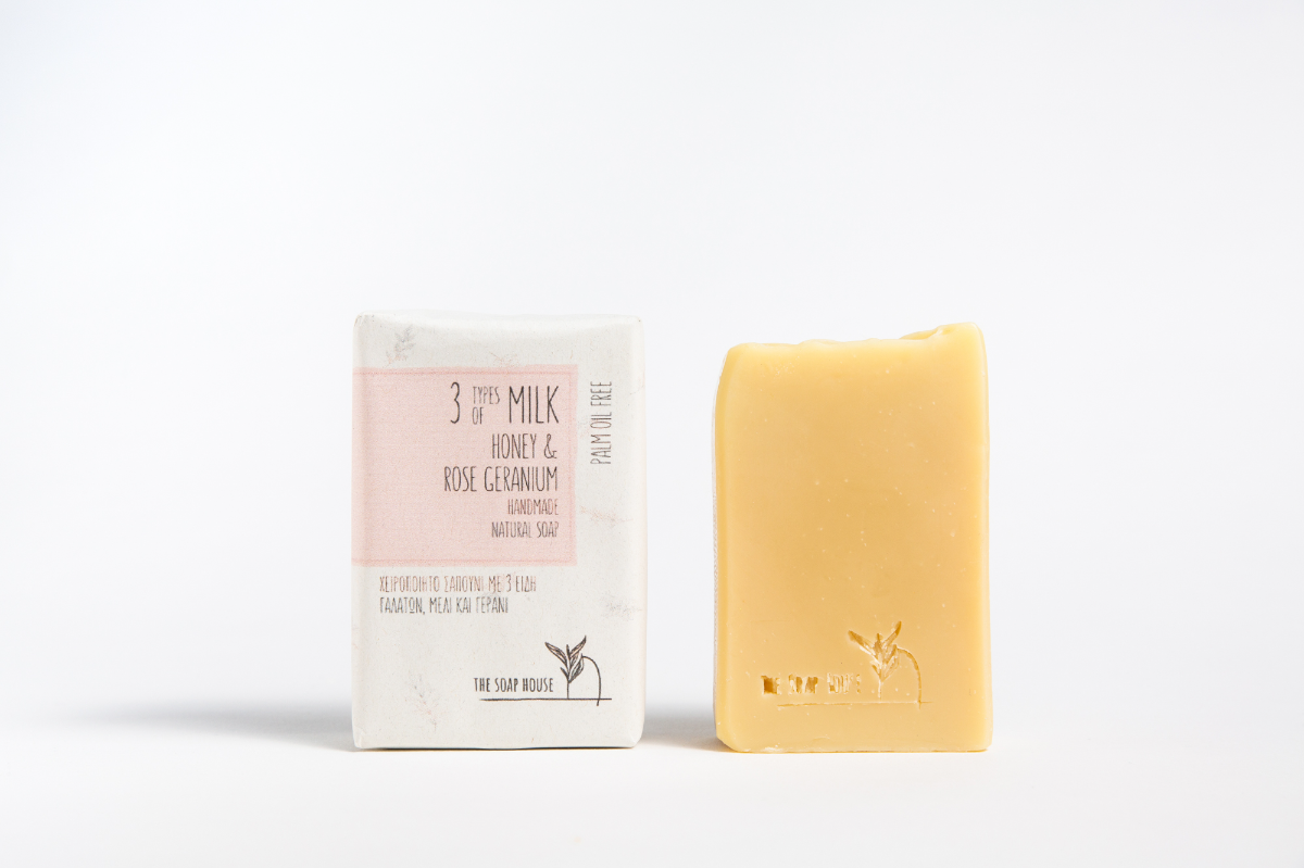 Φυσικό σαπούνι με 3 Είδη Γάλακτος, Μέλι, Γεράνι &amp; Σανδαλόξυλο