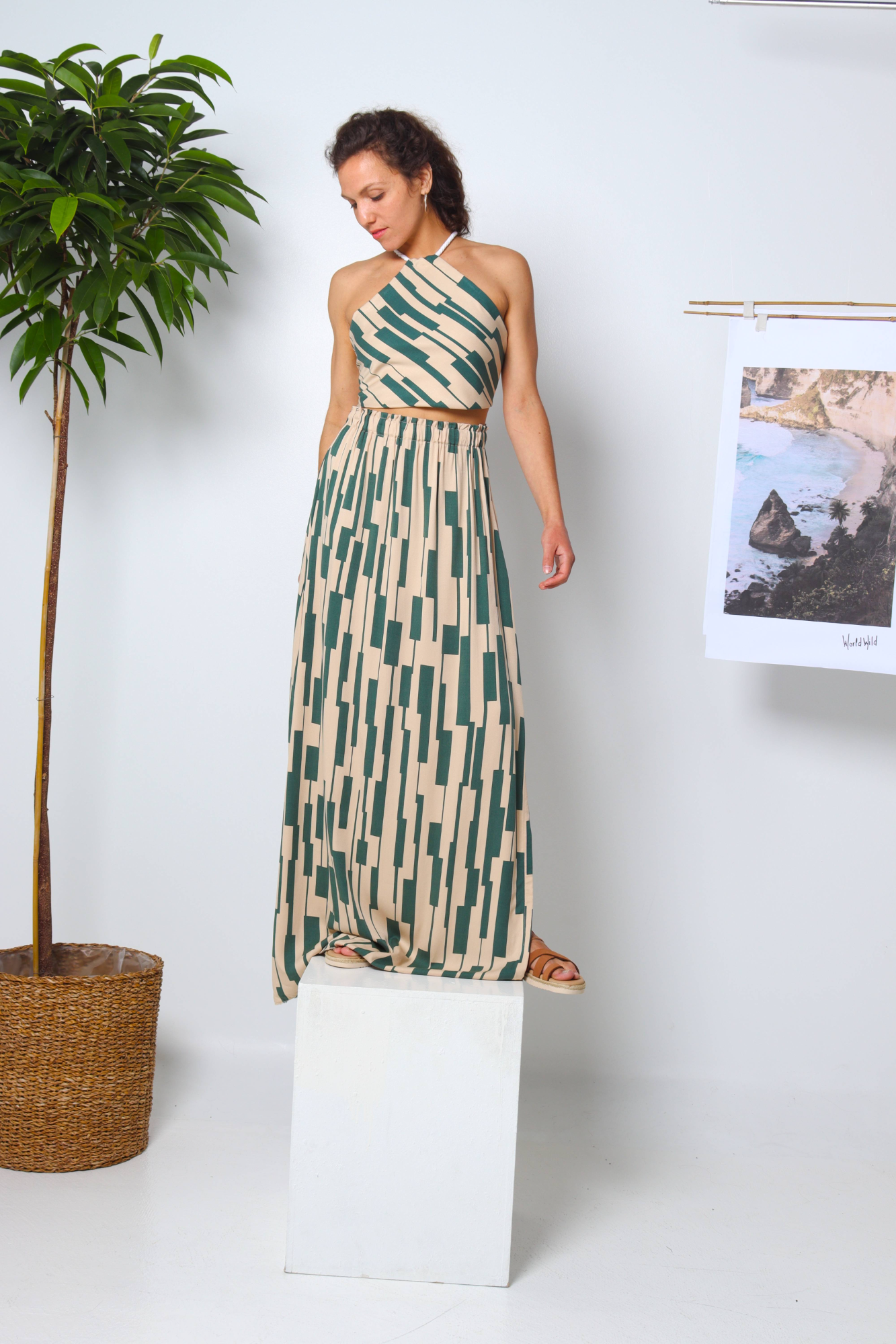 Ecovero Beige-Green Summer Maxi Skirt Set