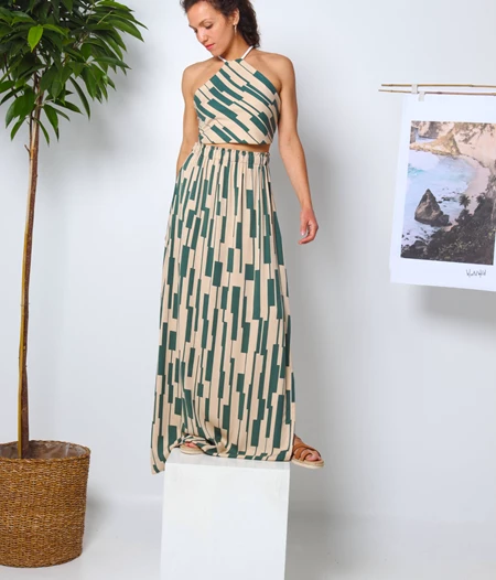 Ecovero Beige-Green Summer Maxi Skirt Set