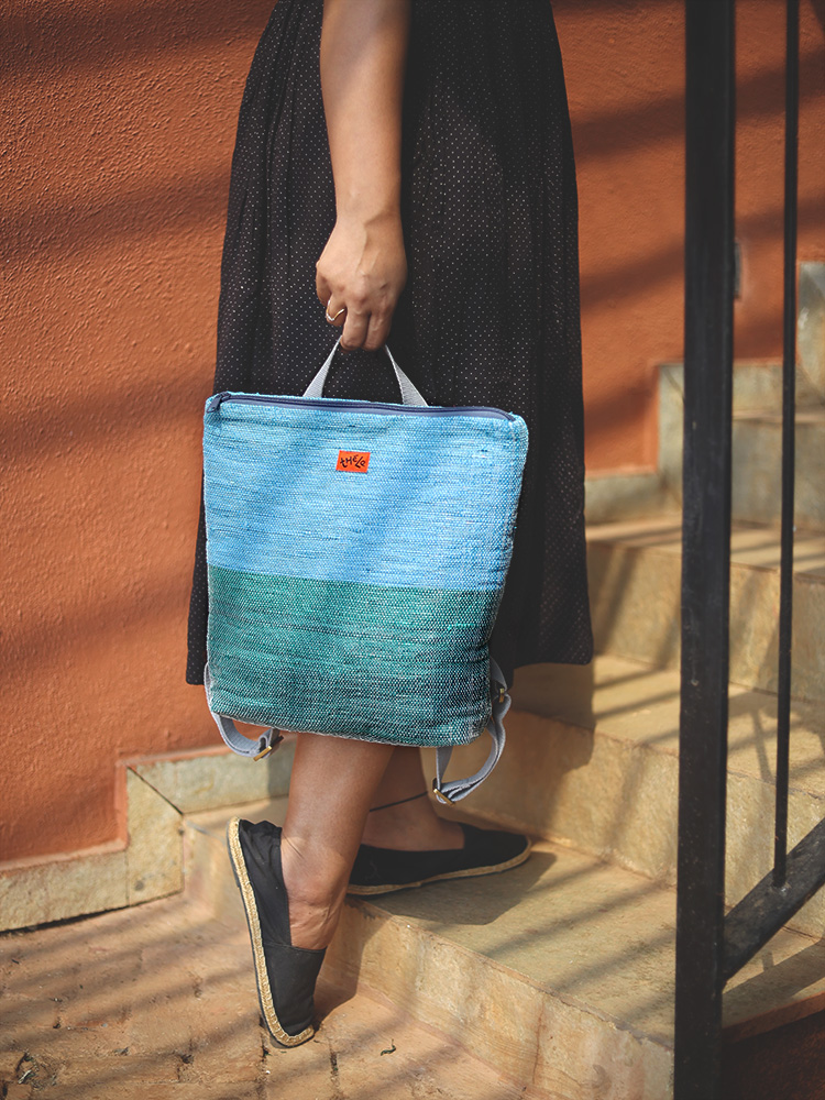 Green & Blue Handcrafted Backpack in Slim Design