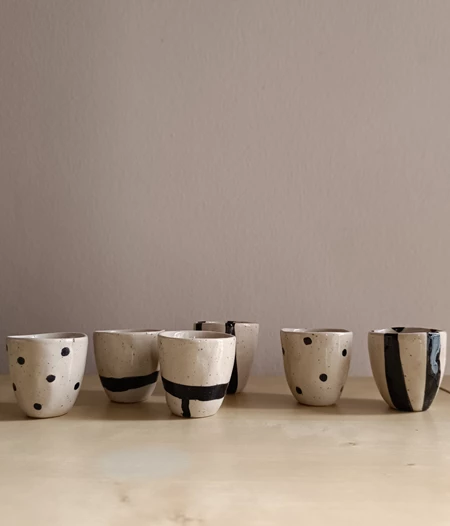 Set of 2 Beige and Black Stoneware Mini Cups