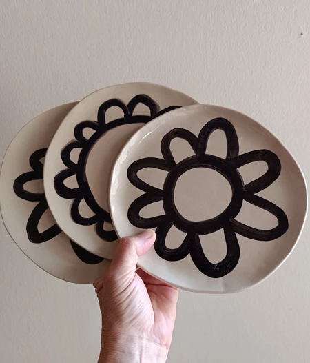 Beige Stoneware Dish with an Abstract Flower Design