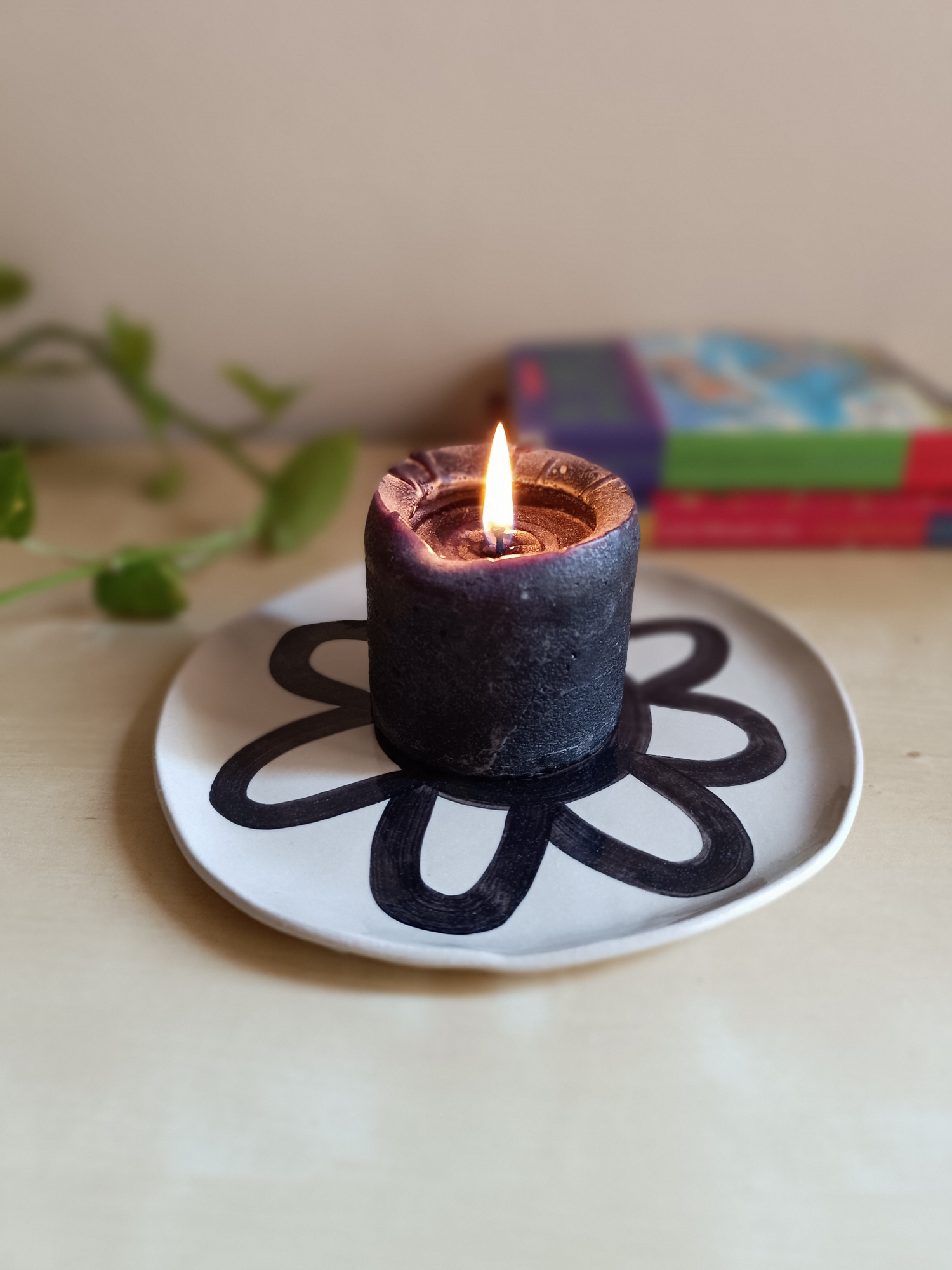 Beige Stoneware Dish with an Abstract Flower Design