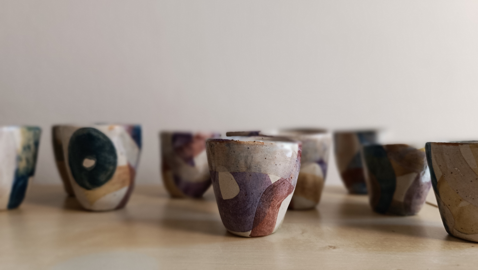 Set of 2 Stoneware Mini Cups with Colorful LInes