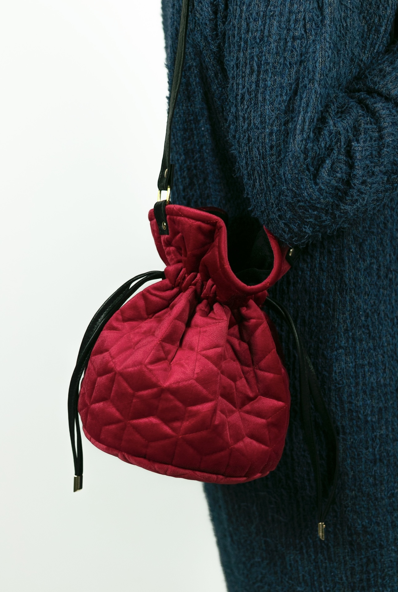 Quilted Velvet Bucket Bag- Red