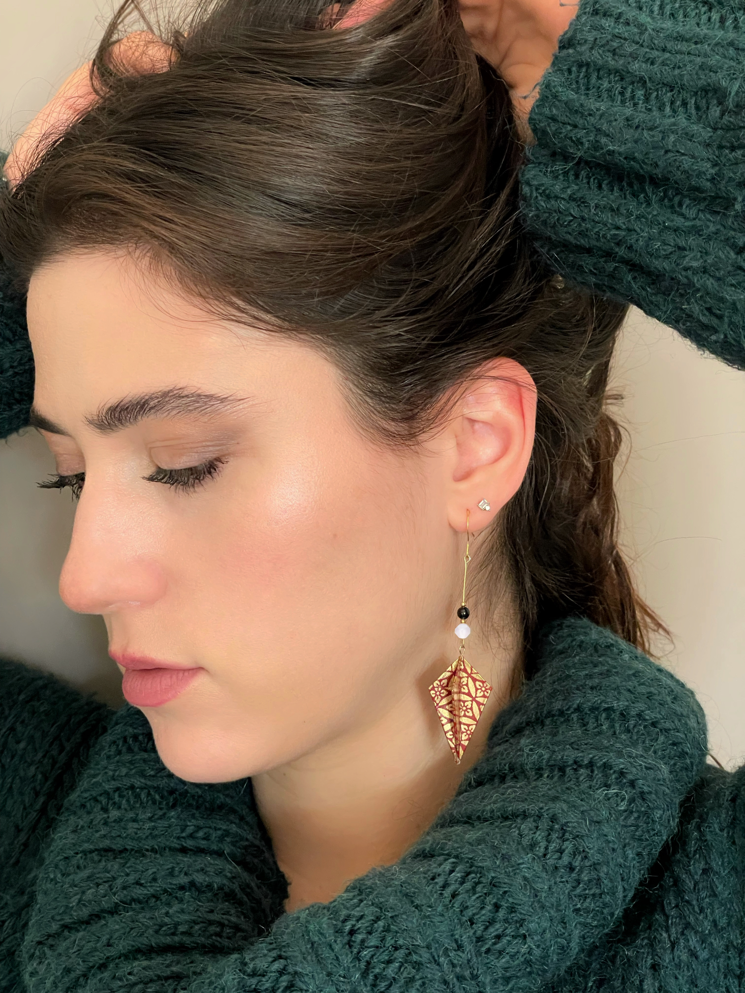  Floating Bordeaux Gold Diamond Origami Earrings