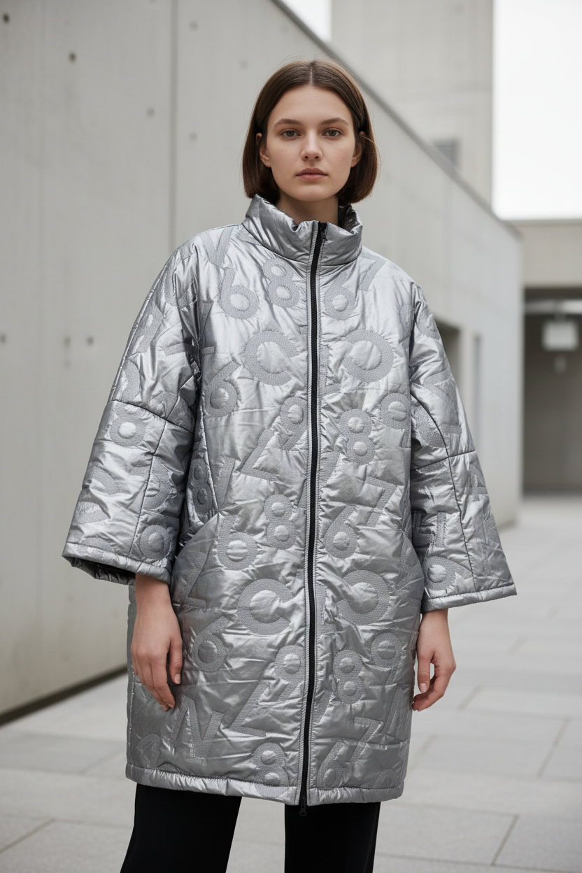 Ασημένιο Παλτό. Μεταλλικό ασημι μπουφαν.